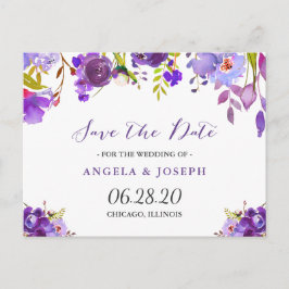 Cartão Postal De Anúncio Floral Violeta Roxo Aquarela Salvar a Data