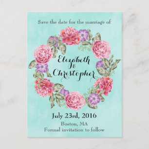 Cartão Postal De Anúncio Floral Watercolor Wreath Casamento Salvar A Data