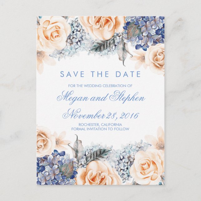 Cartão Postal De Anúncio Flores Azuis e de Pêssego Aquarela Save the Date (Frente)
