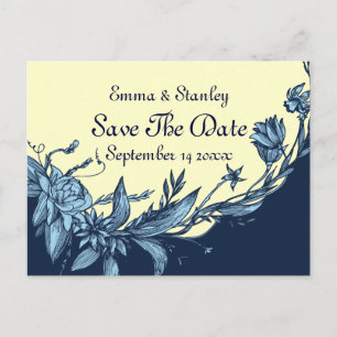 Cartão Postal De Anúncio Flores azuis vintage amarelo pálido Salve a Data