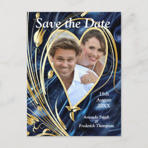 Cartão Postal De Anúncio Flores brancas e Douradas de abstrato na Seda Azul