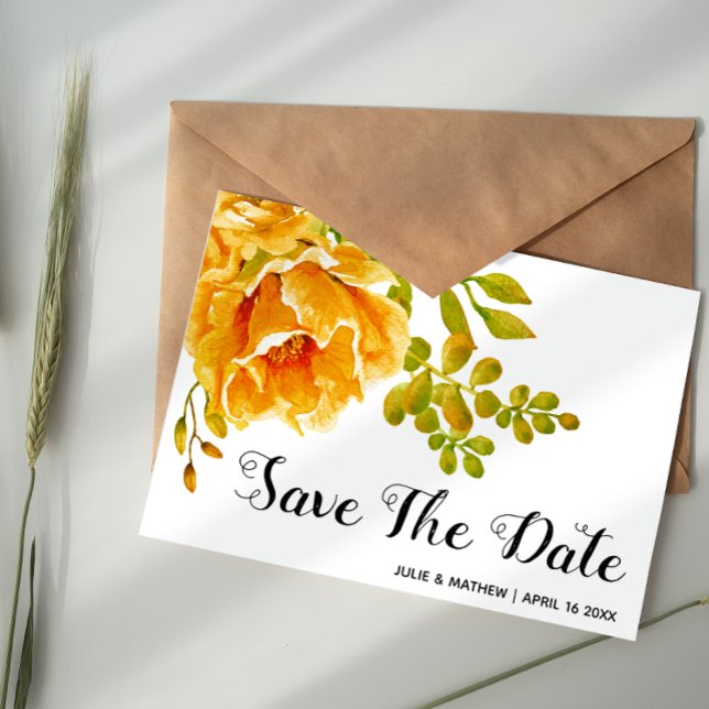 Cartão Postal De Anúncio Flores de aguarela laranja casamento Save the Date (Criador carregado)