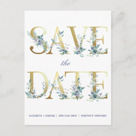 Cartão Postal De Anúncio Flores de Aquarela Azul com Letras Douradas