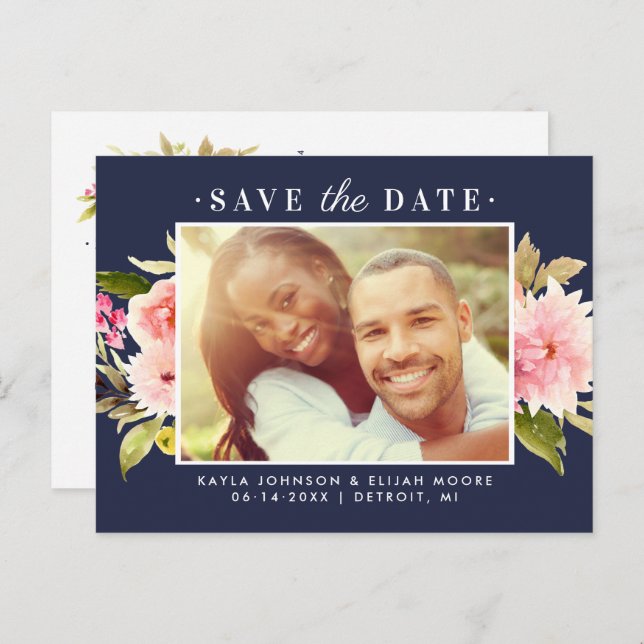 Cartão Postal De Anúncio Flores de Aquarela Rosa-marinho Foto Salvar Data (Frente/Verso)