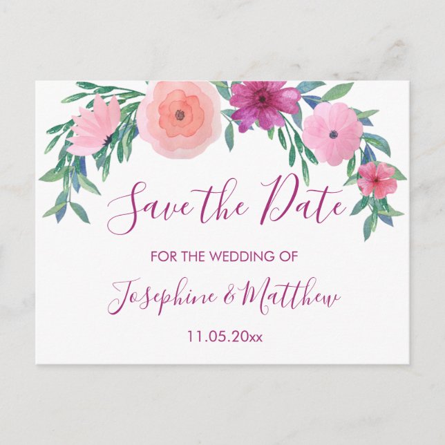 Cartão Postal De Anúncio Flores de Casamento Rosa PInk Salvar a Data (Frente)