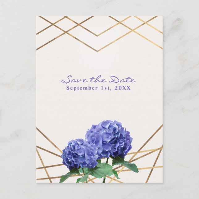 Cartão Postal De Anúncio Flores de Hortênsia & Dourado Save the Date Elegan (Frente)