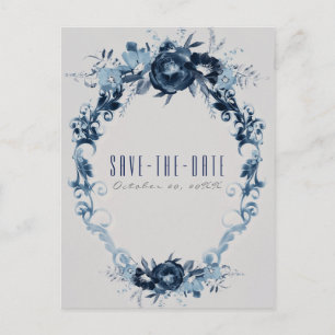 Cartão Postal De Anúncio Flores de Vintagem Azul Floral Elegante Salvar a D