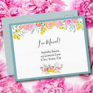 Cartão Postal De Anúncio Flores em Aquarela Com Limões Mudei de Endereço 