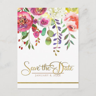 Cartão Postal De Anúncio Flores Florais Aquarela Modernas Salvar a Data
