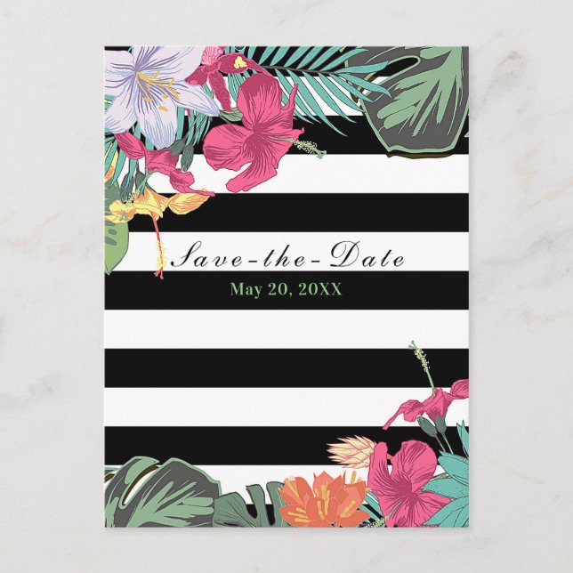 Cartão Postal De Anúncio Flores Floral Tropical Folhas Chic Salve a Data (Frente)