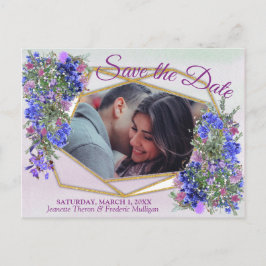 Cartão Postal De Anúncio Flores geométricas Douradas e de Lavanda Salvem a