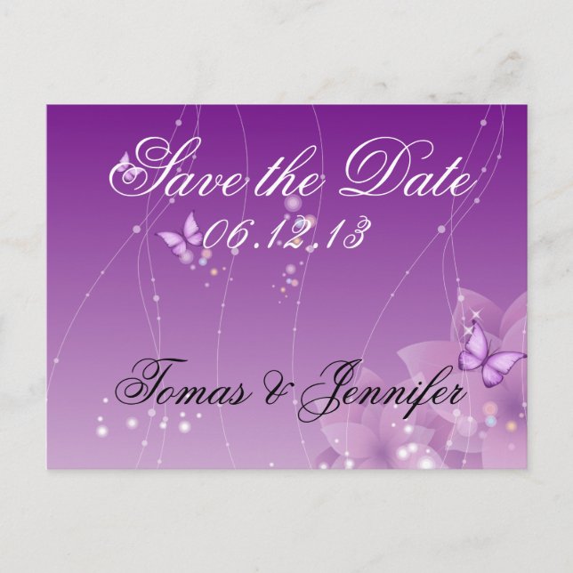Cartão Postal De Anúncio Flores roxas e borboletas (Frente)
