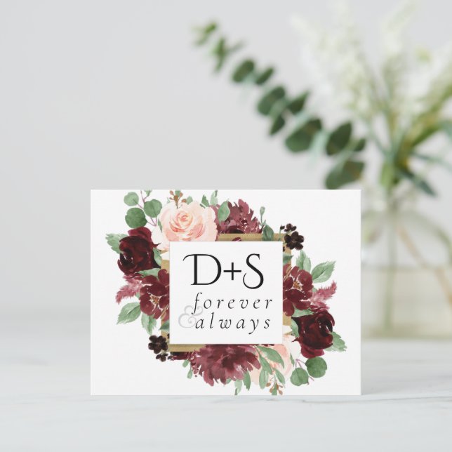 Cartão Postal De Anúncio Flores Rústicas | Marsala Terracota Salve a Data (Em pé/Frente)