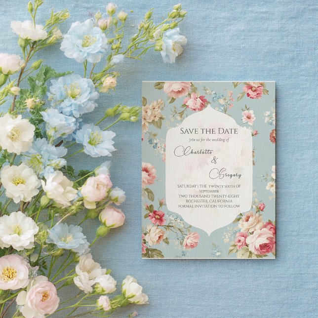 Cartão Postal De Anúncio Flores Shabby Chic no casamento Save the Date (Criador carregado)