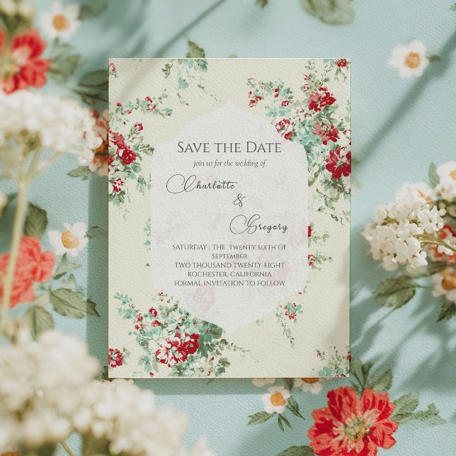 Cartão Postal De Anúncio Flores shabby chic Salve a data (Criador carregado)