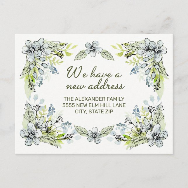 Cartão Postal De Anúncio Flores Verdes Azuis Desenhadas à Mão Novo Endereço (Frente)