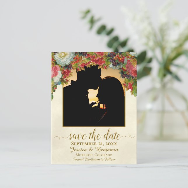 Cartão Postal De Anúncio Flores Vitorianas com Foto Casamento Salve a Data (Em pé/Frente)