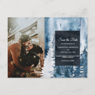 Cartão Postal De Anúncio Floresta de Aquarela de Inverno & Azul Marinho & A