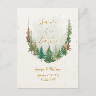 Cartão Postal De Anúncio Floresta de Pinheiro em Aquarela Save the Date
