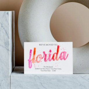 Cartão Postal De Anúncio Flórida Nós nos Mudamos Rosa Vibrante Aquarela Mu