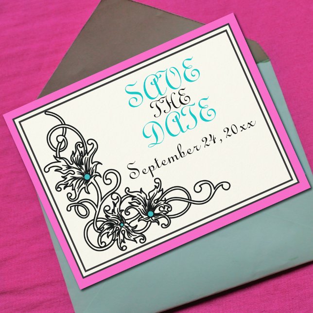 Cartão Postal De Anúncio Flourish vine pink turquoise wedding Save the Date (Criador carregado)