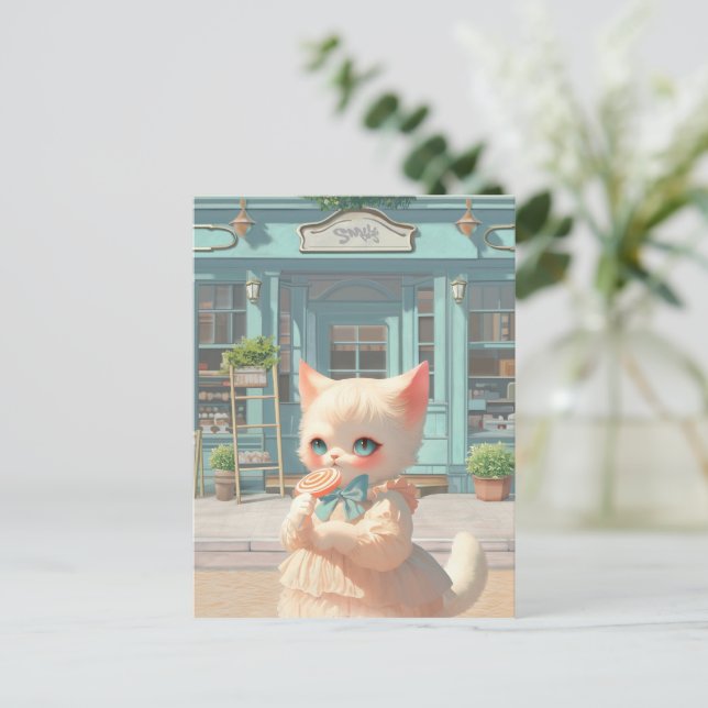 Cartão Postal De Anúncio Fluffy Kitten com Lollipop no Compro de pastelaria (Em pé/Frente)