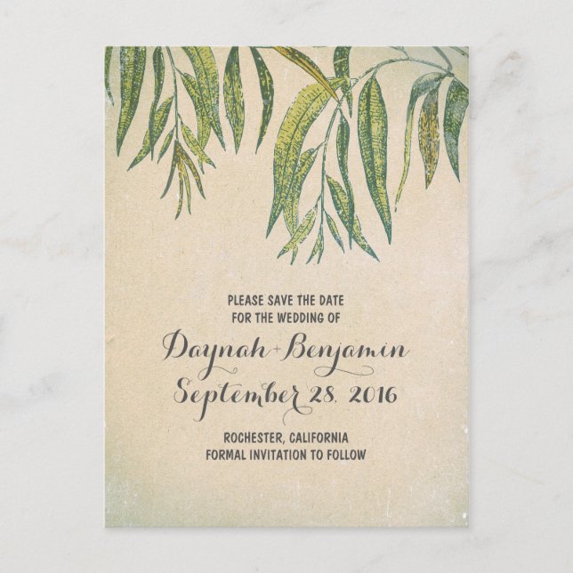 Cartão Postal De Anúncio Folha de goma rústica da safra salvar a data (Frente)