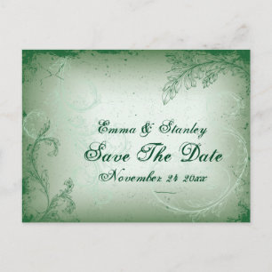 Cartão Postal De Anúncio Folha de rolagem verde da vindima Salvar a data