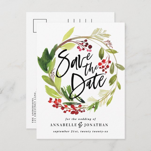 Cartão Postal De Anúncio folhagem botânica de inverno vermelha verde aquare (Frente/Verso)