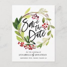 Cartão Postal De Anúncio folhagem botânica de inverno vermelha verde aquare