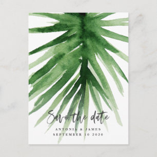 Cartão Postal De Anúncio folhagem tropical aquarela e script salvar a data