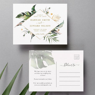 Cartão Postal De Anúncio Folhagem Tropical Casamento Dourado Salvar A Data