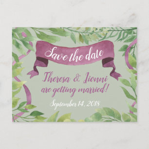 Cartão Postal De Anúncio Folhas de Água Roxa e Verde - Salvar a Data