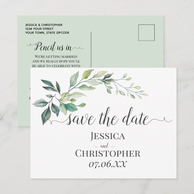 Cartão Postal De Anúncio Folhas de Eucalipto Verde Moderno Aquarela (Frente/Verso)