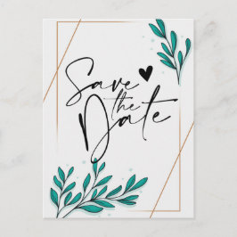 Cartão Postal De Anúncio Folhas de Floral Verde Folheado a OuroSave the Dat