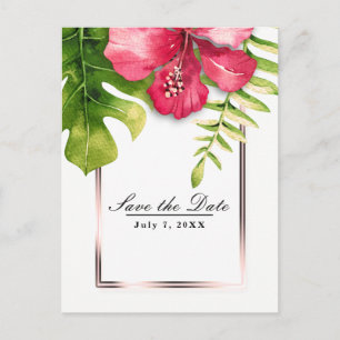 Cartão Postal De Anúncio Folhas de Hibisco Tropical Branco Salve a Data