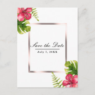 Cartão Postal De Anúncio Folhas de Hibisco Tropical Branco Salve a Data