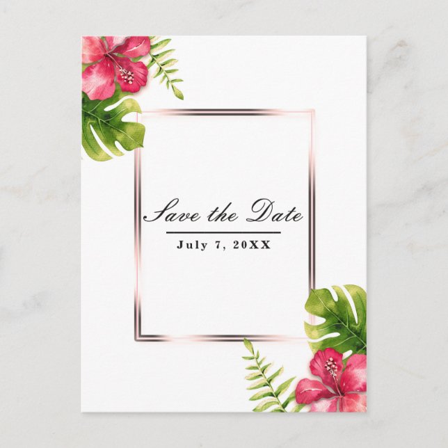 Cartão Postal De Anúncio Folhas de Hibisco Tropical Branco Save the Date (Frente)