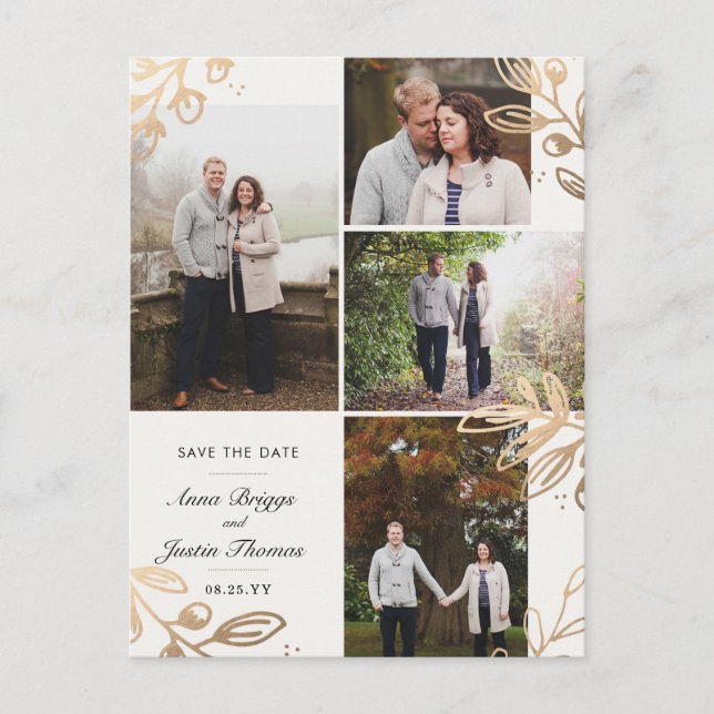 Cartão Postal De Anúncio Folhas de Ouro 4 Foto Salvar a Data (Frente)