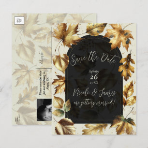 Cartão Postal De Anúncio Folhas de Ouro Amêndoa e Bege Casamento de Outono 