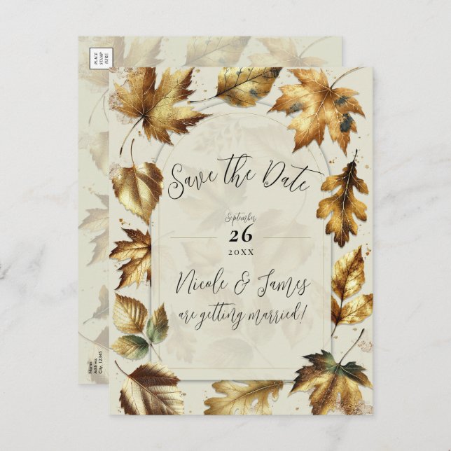 Cartão Postal De Anúncio Folhas de Ouro Bege Creme Outono Salve a Data  (Frente/Verso)