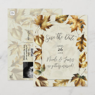 Cartão Postal De Anúncio Folhas Douradas Amêndoa Bege Creme Outono Salve a 