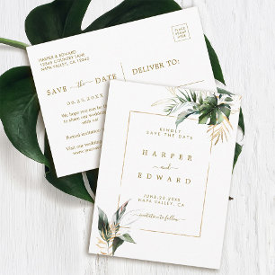 Cartão Postal De Anúncio Folhas Tropicais Douradas Salve o Dia do Casamento