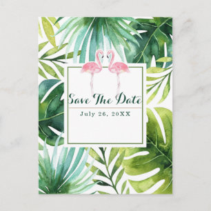 Cartão Postal De Anúncio Folhas Tropicais & Flamingos Casamento Salve a Dat