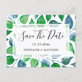 Cartão Postal De Anúncio Folhas Verdes de Aquarela para Casamento Salve a D