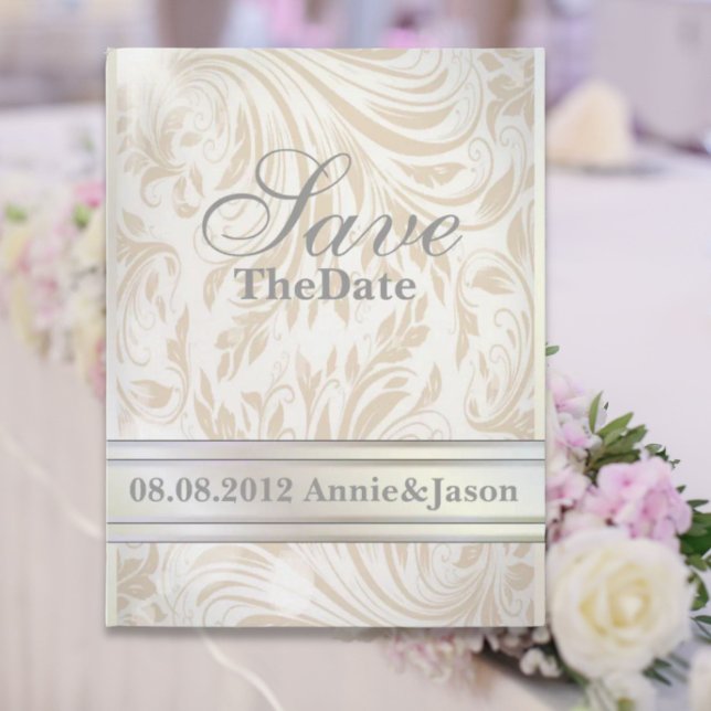 Cartão Postal De Anúncio Formal Pérola Branca Damask Casamento save the dat (Formal Pearl White Damask Wedding save the date Announcement Postcard)