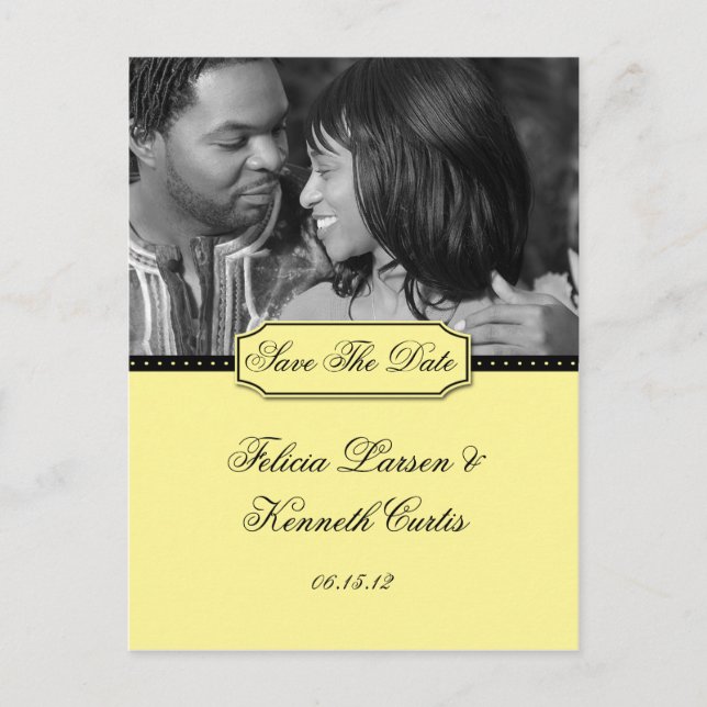 Cartão Postal De Anúncio Foto Amarela e Preta Salvar Data (Frente)