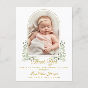 Cartão Postal De Anúncio Foto de Bebê com Arco de Verduras Dourado Obrigado