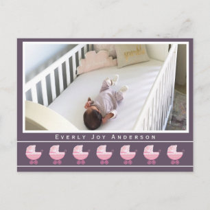 Cartão Postal De Anúncio Foto de Bebê Menina em Carrinho Rosa Retrô Fofo