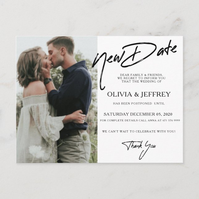 Cartão Postal De Anúncio Foto de Casamento com Nova Data Moderna (Frente)
